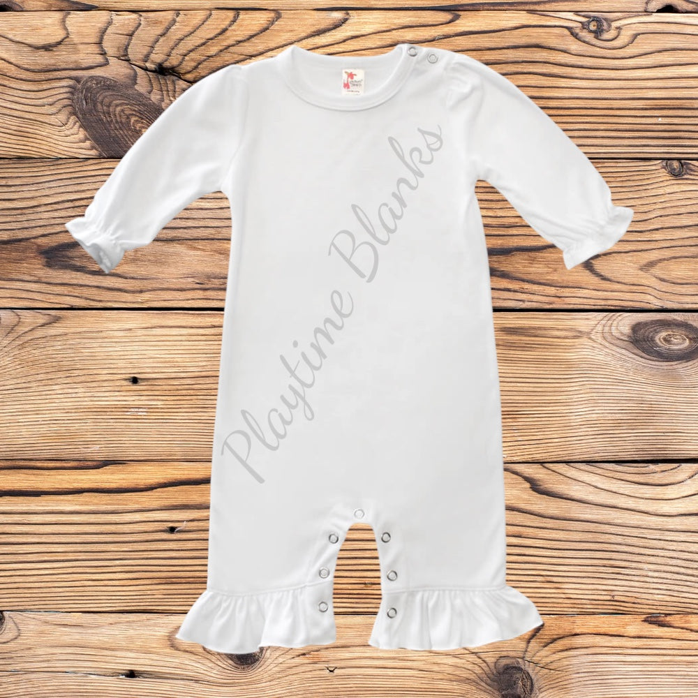 White Long Sleeve Ruffle Romper- 100% Poly – Playtime Blanks